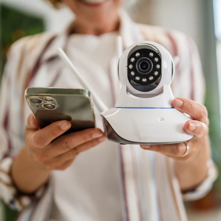 Une personne en chemise blanche configure une caméra de surveillance IP domestique tout en consultant son smartphone
