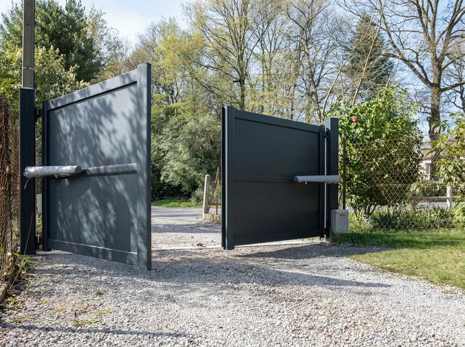 Entrée résidentielle avec portail automatique en fer forgé orné de volutes décoratives, flanqué de piliers en béton blanc équipés d'interphones et luminaires
