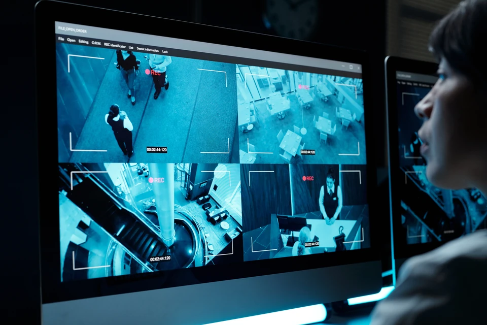 Gros plan sur un écran de surveillance affichant des flux vidéo haute définition en temps réel provenant de caméras IP multiples. L'interface montre plusieurs carrés de vidéo simultanés d'espaces différents (entrée, parking, intérieur de locaux) en résolution nette et détaillée. Les images sont claires et en couleurs, avec des timestamps et des identifiants de caméra visibles. Un doigt ou une main d'administrateur pointe vers l'écran pour interagir avec l'interface. Fond professionnel, éclairage correct, donnant une impression de technologie fiable et moderne.